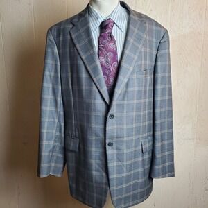 Hickey Freeman Sport Coat Men Gray 48 Windowpane Wool Two Button Single Vented
